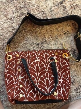 NWOT Hammitt Woven Rust Leaf-Print Tote with Black Handles